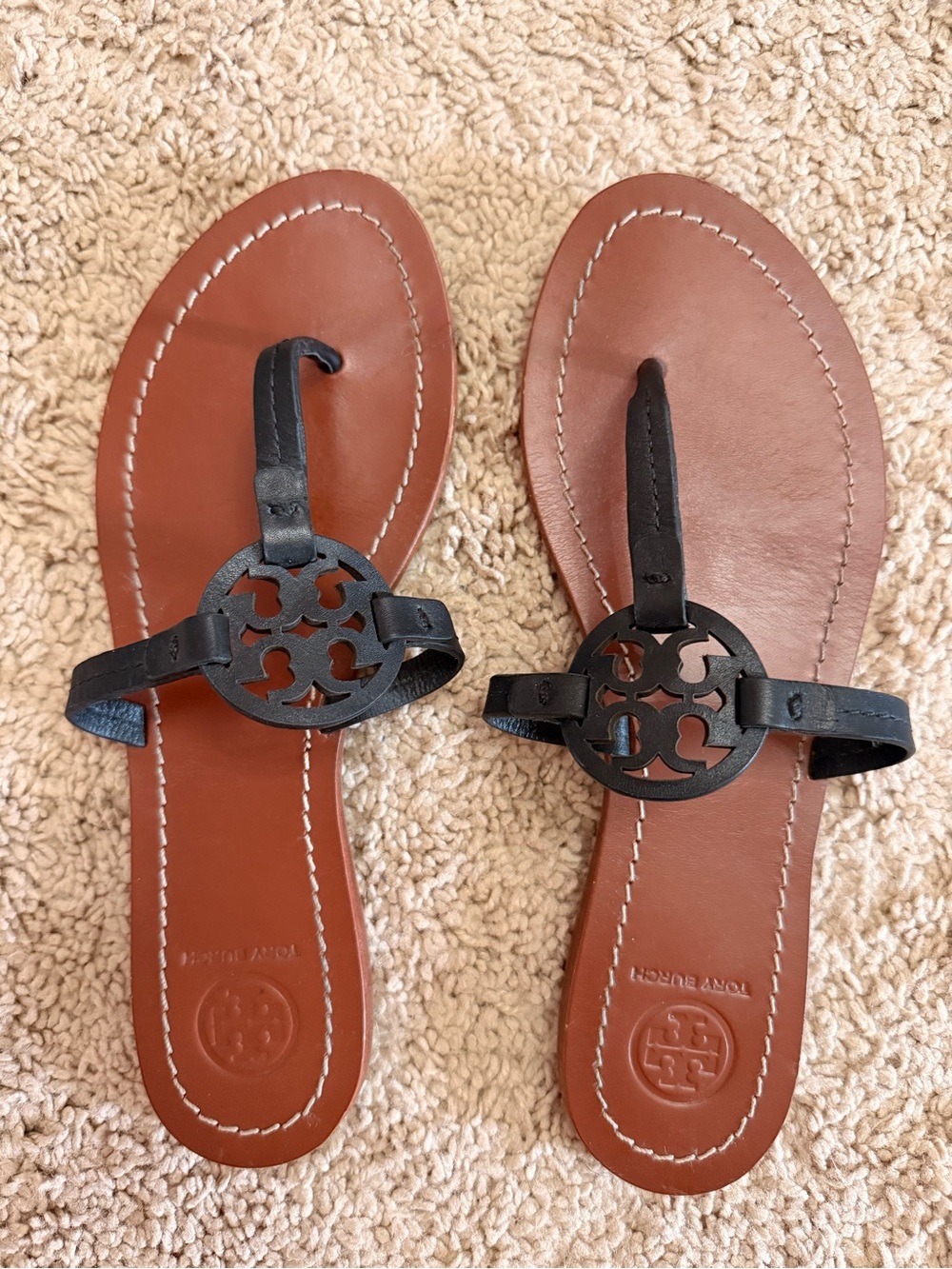Tory Burch Black Leather Miller Sandals with Brown Footbed